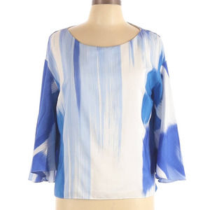 Lauren Ralph Lauren Large New Print Flutter Bell Sleeve Blouse Top Blue White L